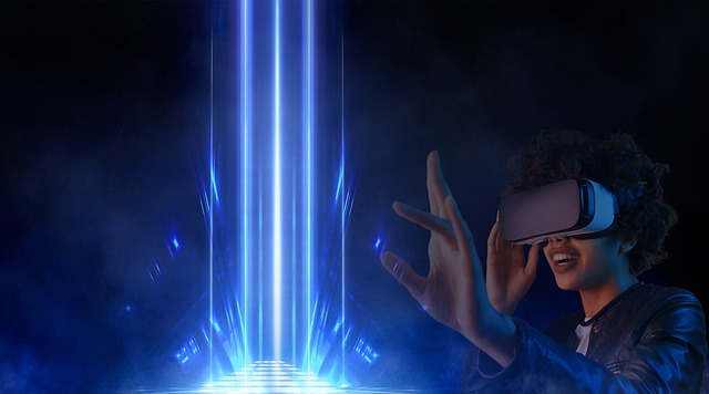 A girl wearing virtual reality glasses, fascinated by a beam of light