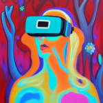 Girl wearing virtual reality goggles in a colorful and beautiful world, image created using AI