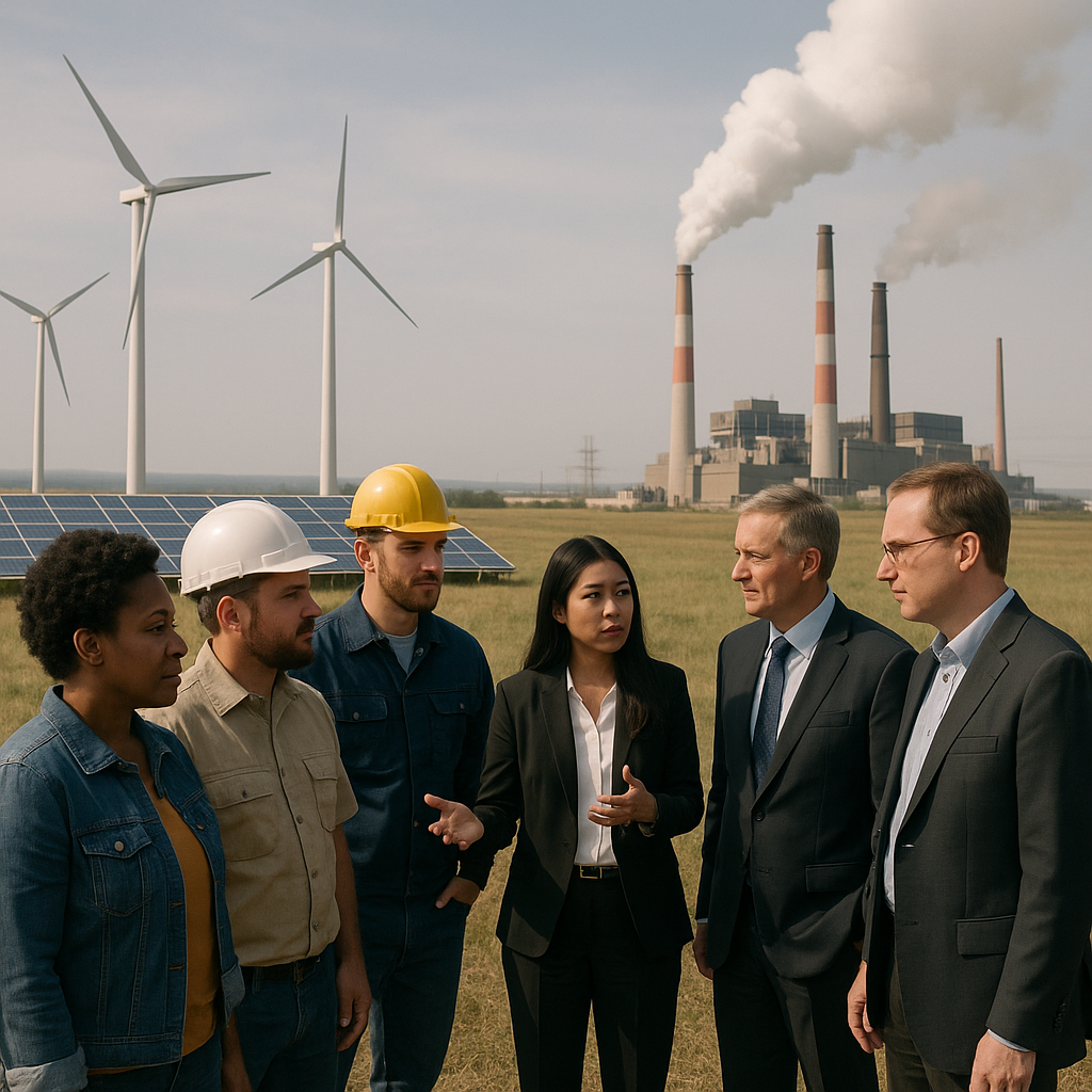Diverse group of people including workers, community members, and policy leaders discussing America's energy future in a realistic U.S. landscape with modern wind turbines, solar panels, and traditional smokestack power plants under soft daylight and a hazy sky.