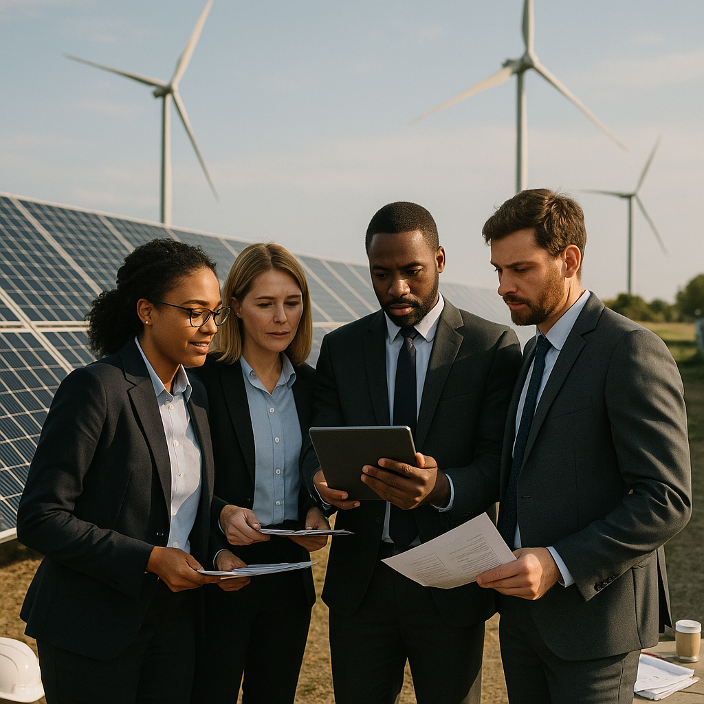 A diverse group of business professionals in modern attire stand and collaborate at a renewable energy facility, reviewing data on a tablet with wind turbines and solar panels in the background, captured in warm late afternoon daylight with subtle workplace clutter present.