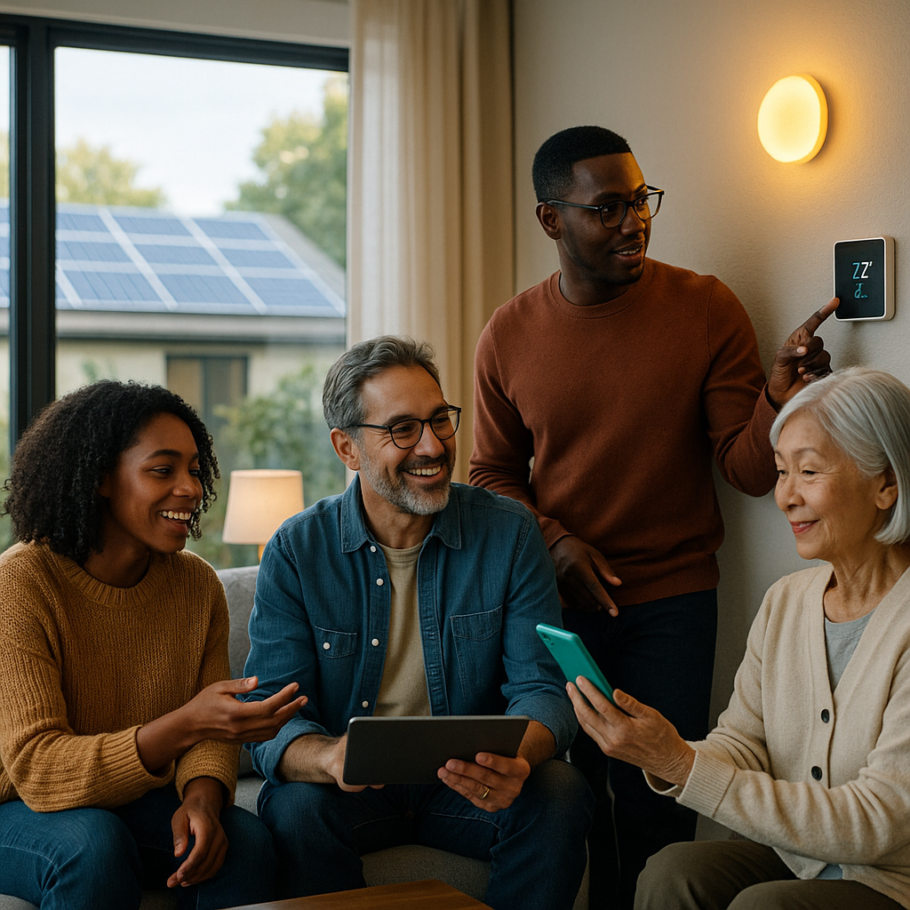 A diverse group of people interacting with smart home technology in a modern living room featuring visible solar panels and energy-efficient lighting, conveying eco-friendliness and community innovation.