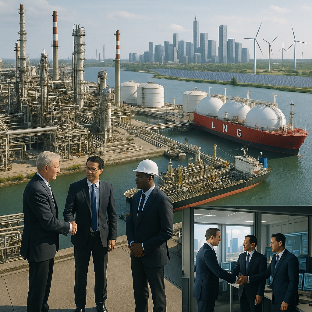 Aerial photorealistic view of merged oil refineries and LNG terminals with pipelines, storage tanks, ships, executives of diverse backgrounds shaking hands, and urban skyline featuring wind turbines and solar panels, representing industry consolidation and energy transition.