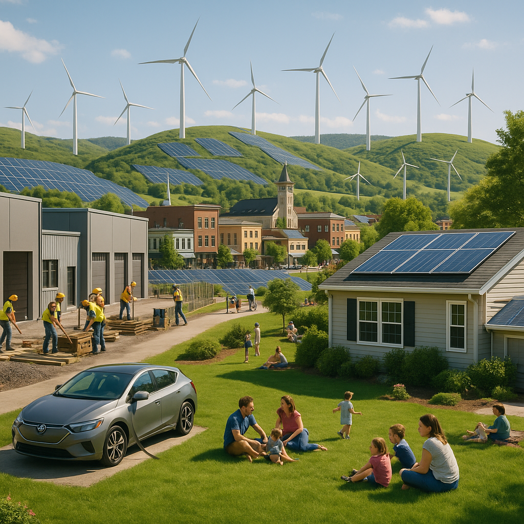 Photorealistic modern American landscape with solar panels, wind turbines, construction workers, energy-efficient homes, families, and electric vehicle charging in a vibrant small town under natural daylight.