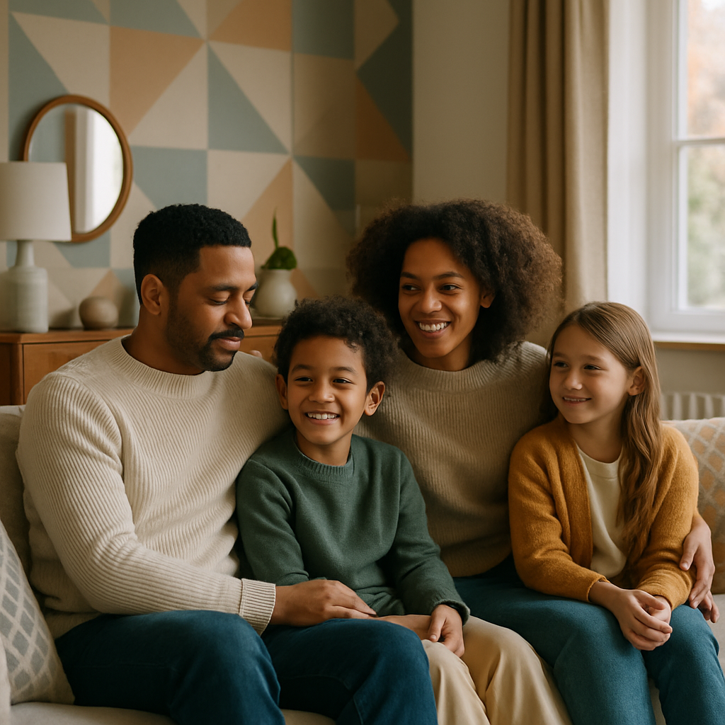 A diverse family sits together in a cozy, modern living room with midcentury style decor, illuminated by soft natural daylight, conveying warmth and relaxation in an authentic, candid setting.
