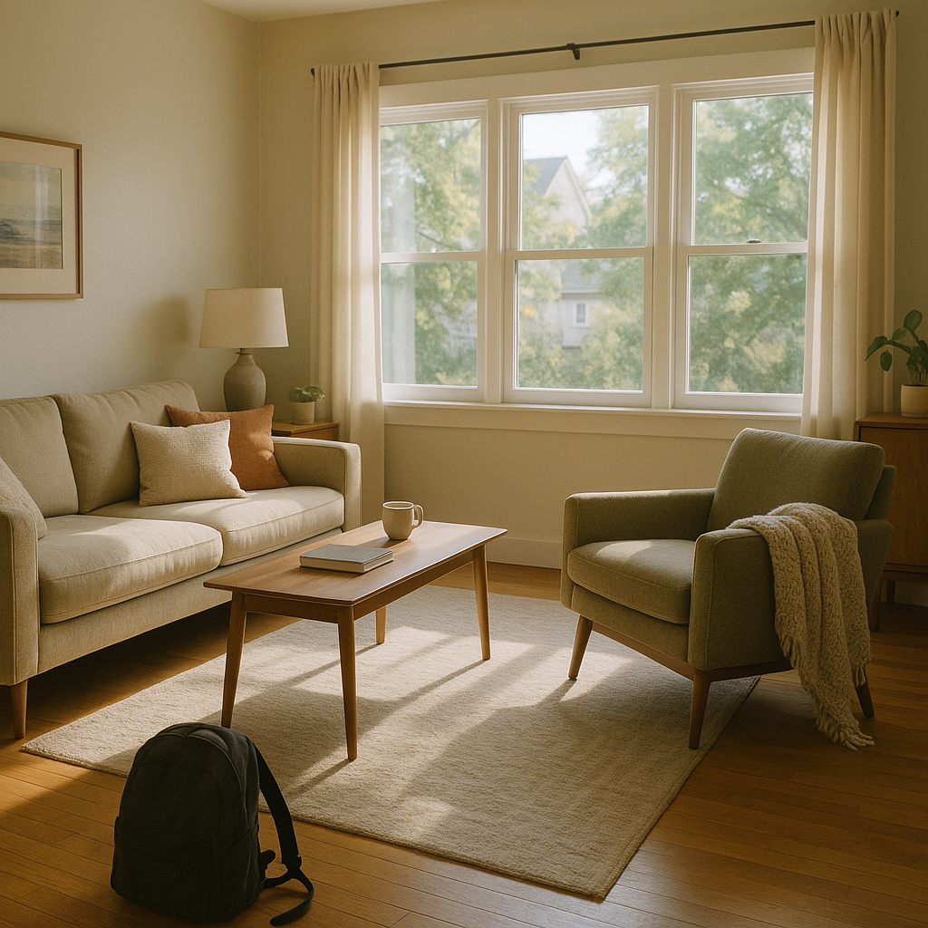 A cozy, sunlit modern living room with midcentury decor, featuring a plush sofa, armchair with blanket, large windows, a casually placed backpack, and a coffee cup on the table, illuminated by natural daylight.