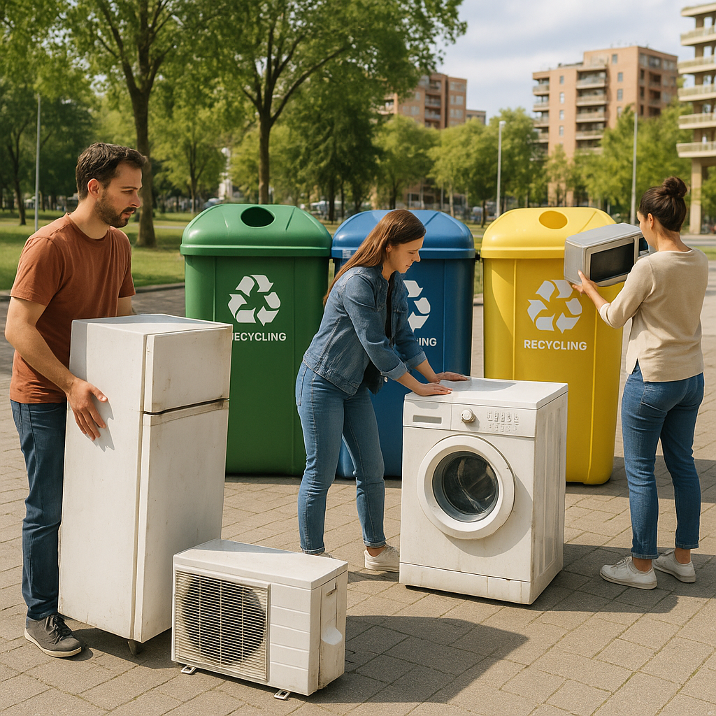 People delivering used appliances such as a refrigerator, washing machine, microwave, and air conditioner to a vibrant urban recycling drop-off point surrounded by greenery and residential buildings, photographed in natural daylight with an authentic candid style.