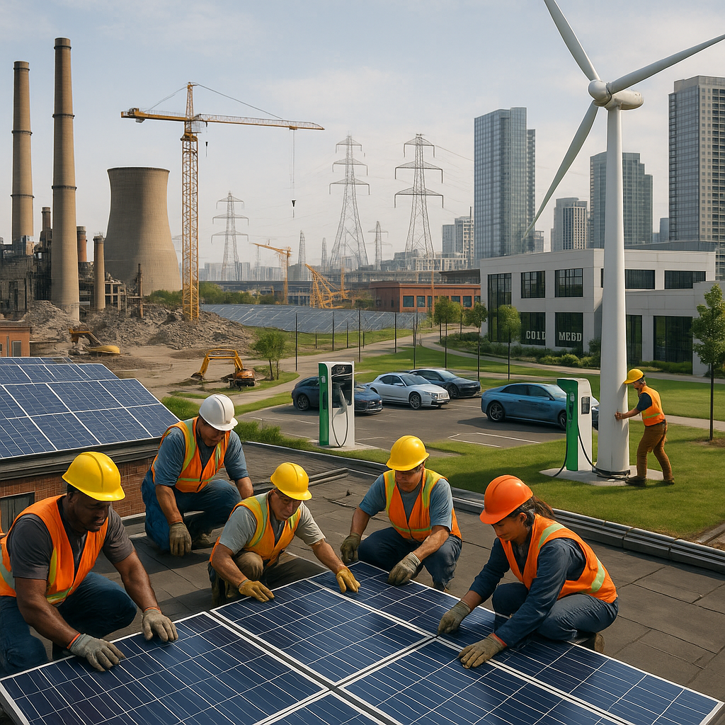 Photorealistic urban scene depicting the shift to a net zero economy by 2050, with diverse workers installing solar panels and maintaining wind turbines, electric vehicles charging, coal plants being demolished, new renewable infrastructure being built, clean tech factories, green parks, and energy-efficient high-rises under natural daylight.