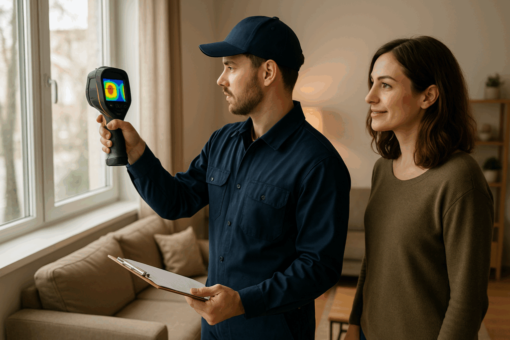 TEchnician performing a home energy audit check-up with home owner.