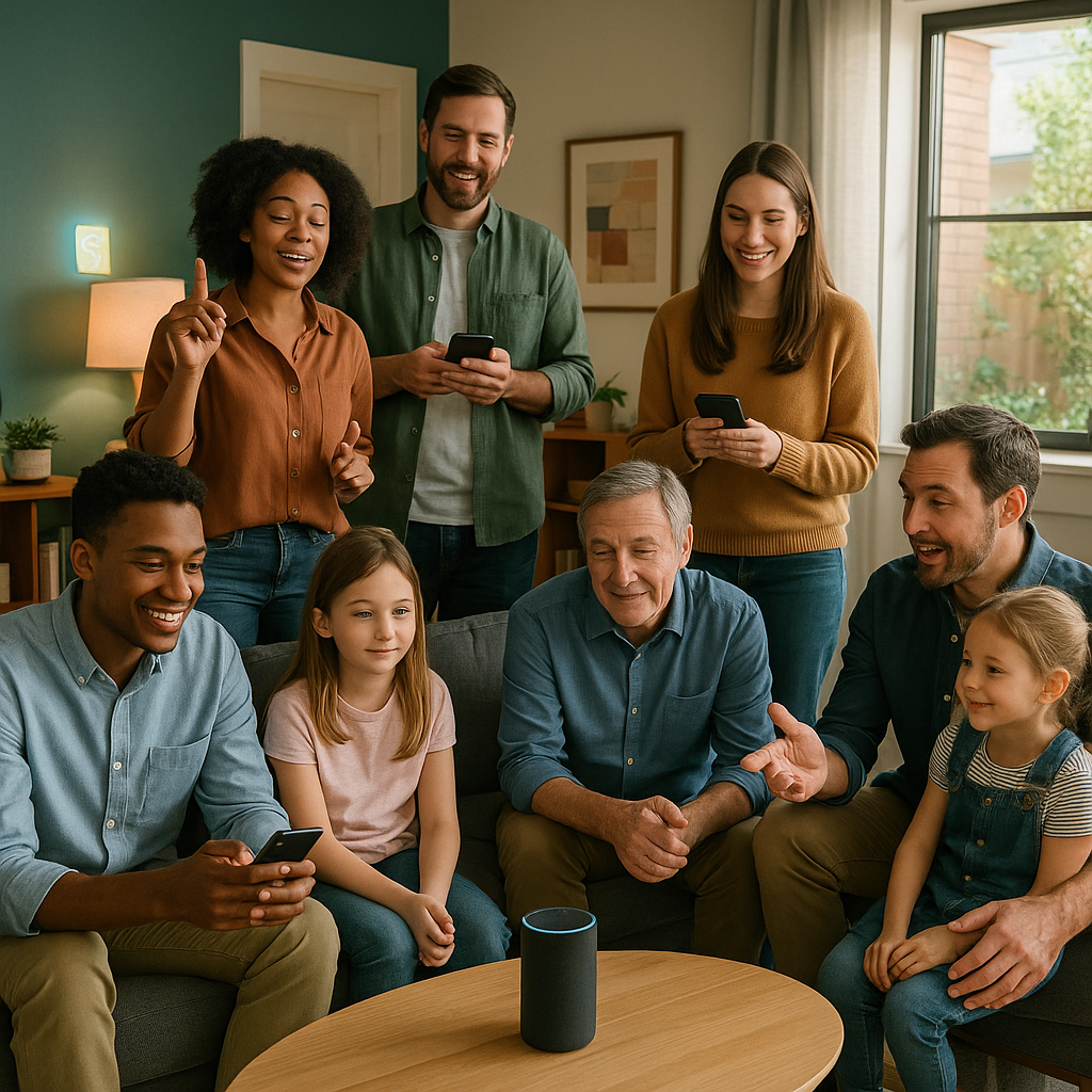 A diverse group of people, including young professionals, parents, children, and older adults, interact with smart home devices in a cozy, modern living room with geometric and midcentury furnishings. The atmosphere is inviting and secure, with natural light filling the space and individuals engaging with technology.