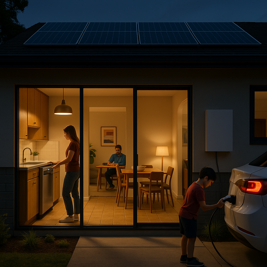 Photorealistic evening scene of a modern, well-lit home with family members using smart energy solutions such as scheduled dishwasher, electric vehicle charging, rooftop solar panels, and home battery storage. Geometric midcentury design, captured with a 35mm lens and natural imperfections.