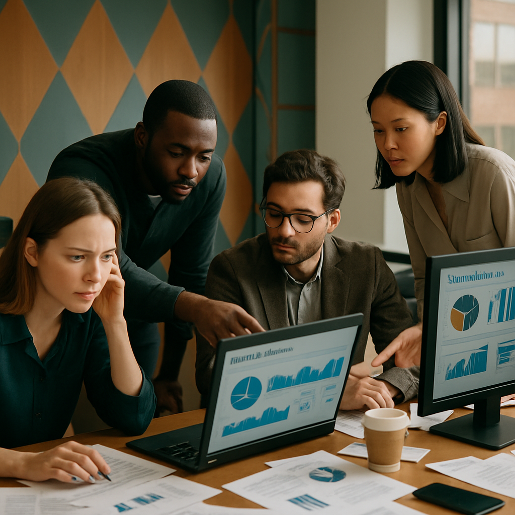 Diverse marketing team collaborating and analyzing campaign data in a modern, geometric office with midcentury style, natural lighting, and cluttered desks, captured with photorealistic detail and authentic composition.