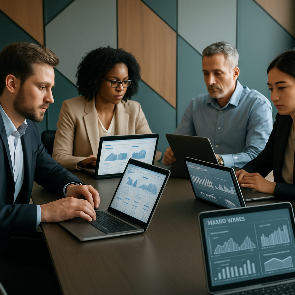 Diverse energy marketing team analyzing performance dashboards at a modern midcentury conference table, focused on strategy and collaboration in natural daylight.