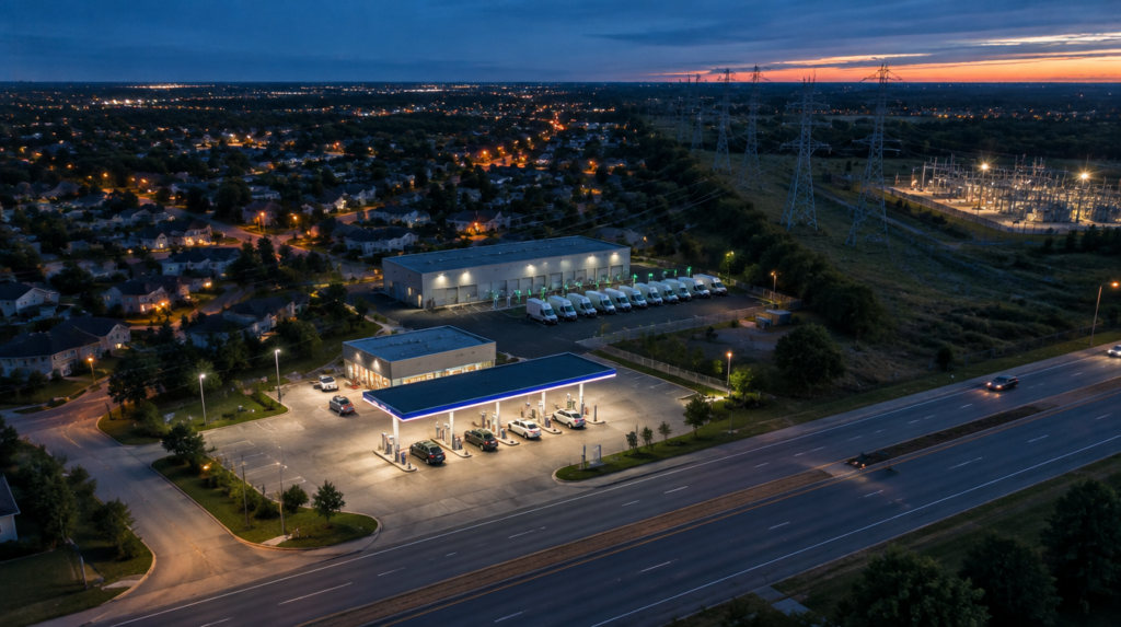 Gas station and fleet EV charging station illuminated at dusk